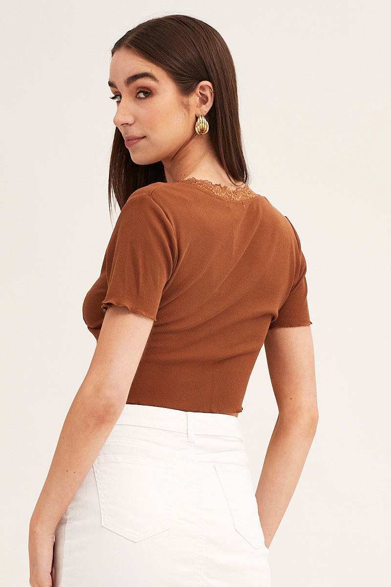 TOP Brown Rib Jersey Short Sleeve V Neck Lace Trim Top for Women by Ally