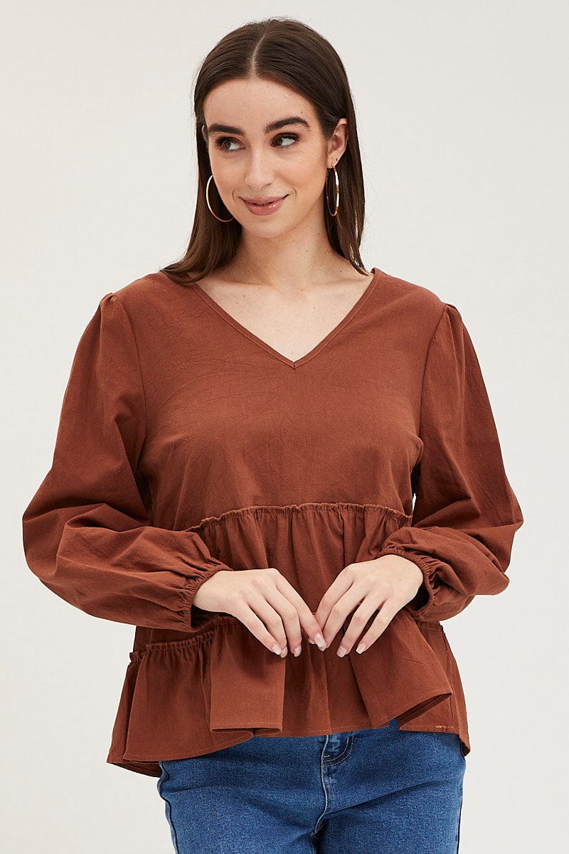 TOP Brown Ruffle Top Long Sleeve for Women by Ally