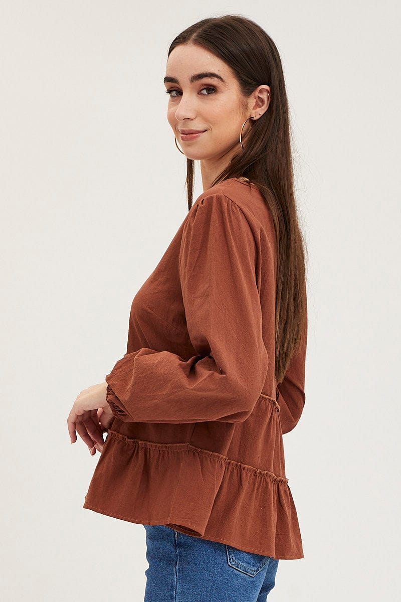 Women’s Brown Ruffle Top Long Sleeve | Ally Fashion