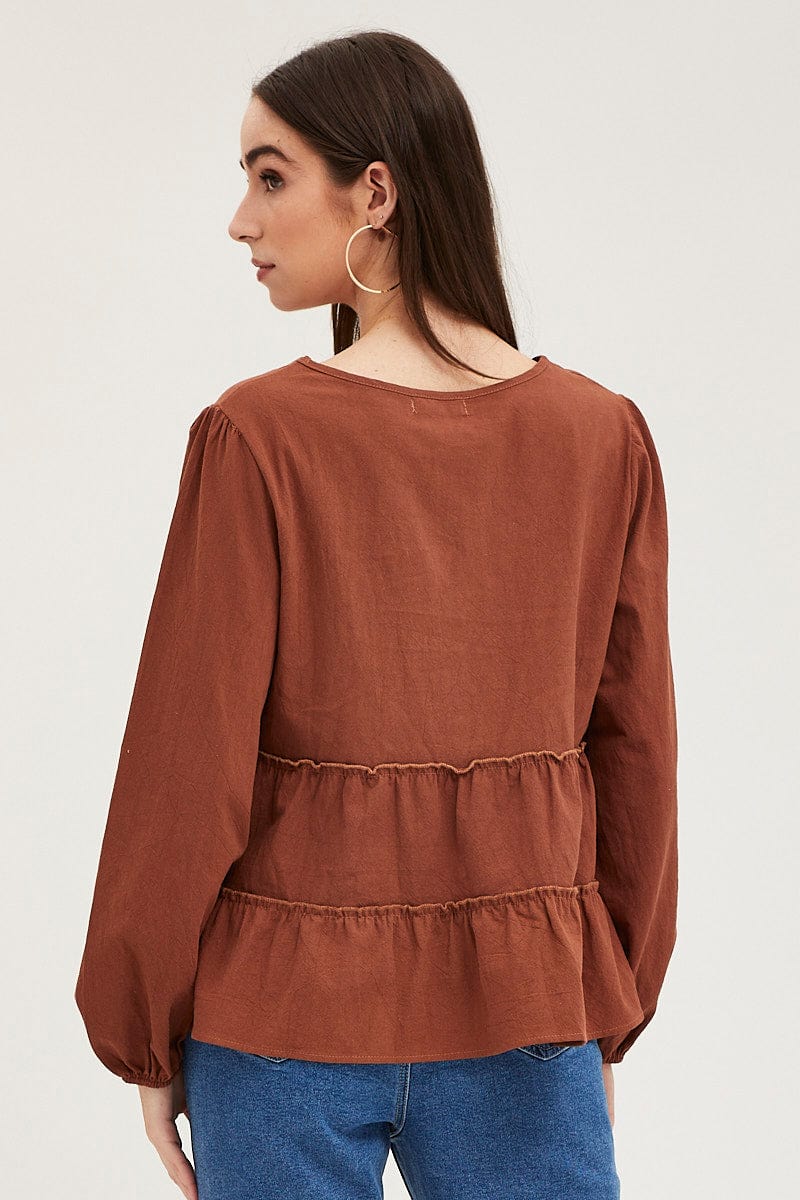 TOP Brown Ruffle Top Long Sleeve for Women by Ally