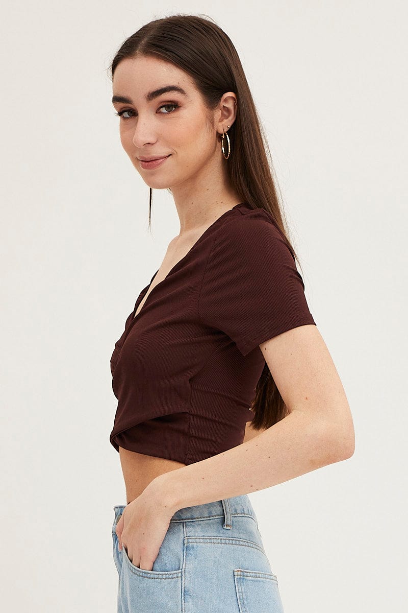 TOP Brown Short Sleeve V Neck Rib Jersey Crossover Top for Women by Ally