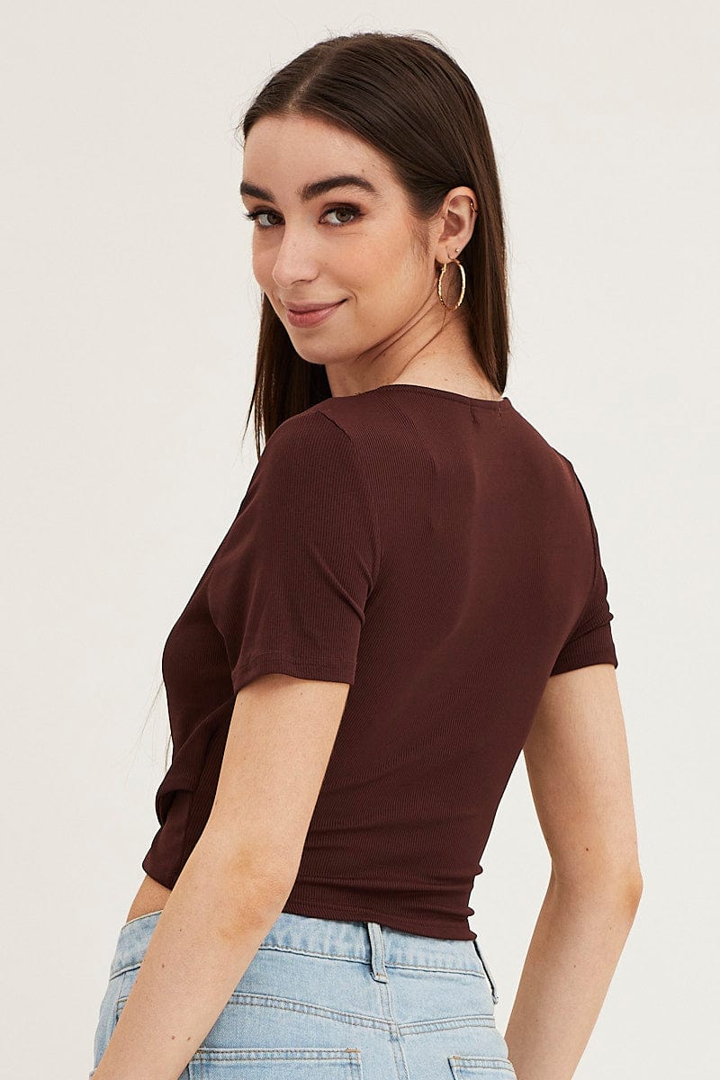 TOP Brown Short Sleeve V Neck Rib Jersey Crossover Top for Women by Ally