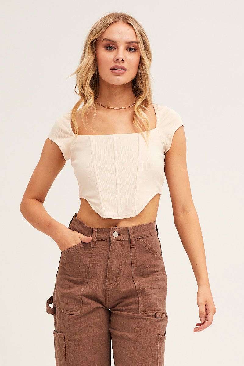 TOP Camel Corset Crop Top Short Sleeve Square Neck for Women by Ally