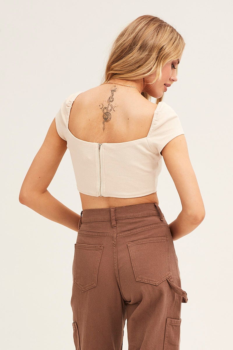 TOP Camel Corset Crop Top Short Sleeve Square Neck for Women by Ally