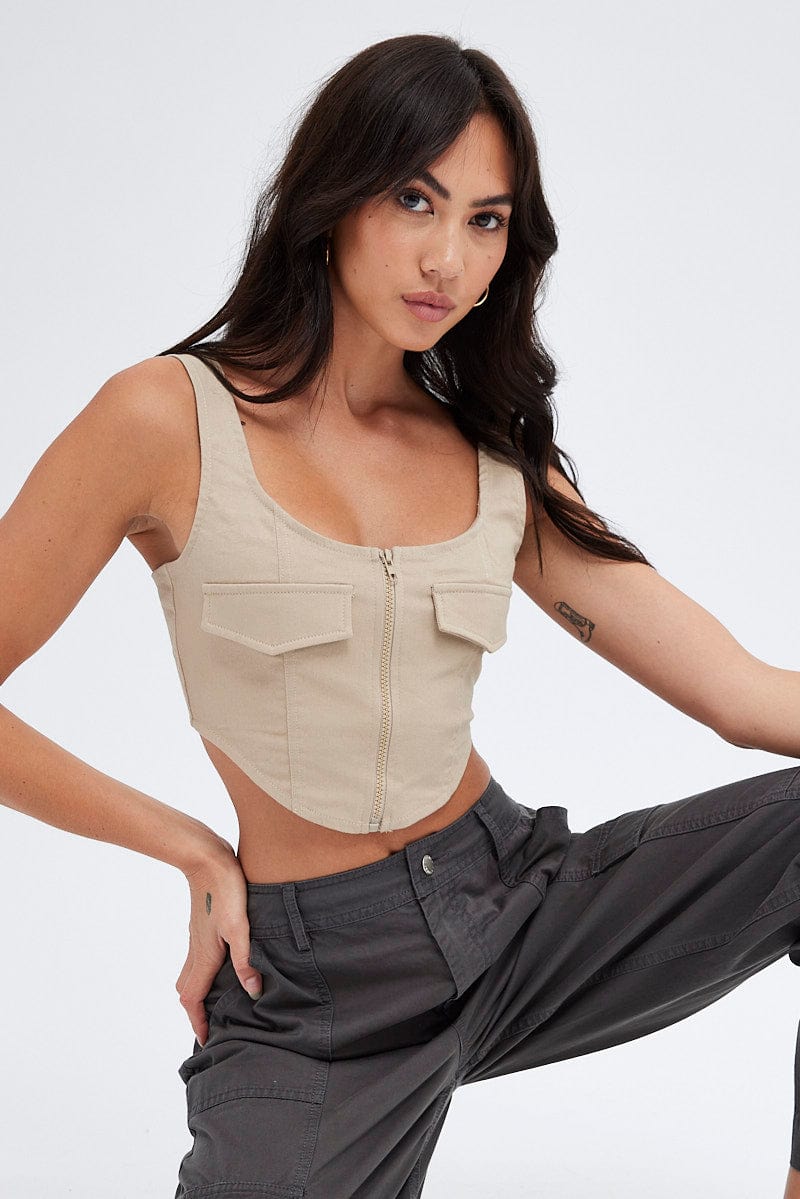 Camel Grey Charcoal Top Sleeveless with Zipper for Ally Fashion