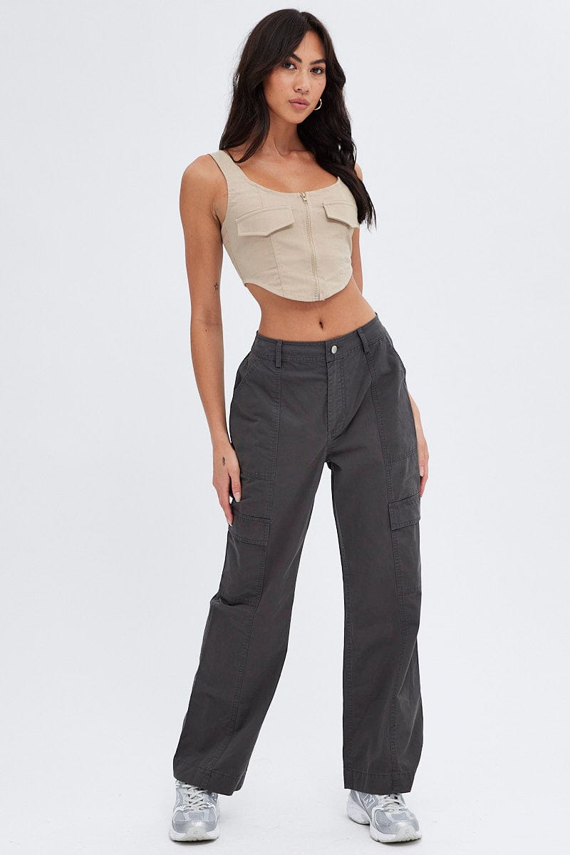 Camel Grey Charcoal Top Sleeveless with Zipper for Ally Fashion