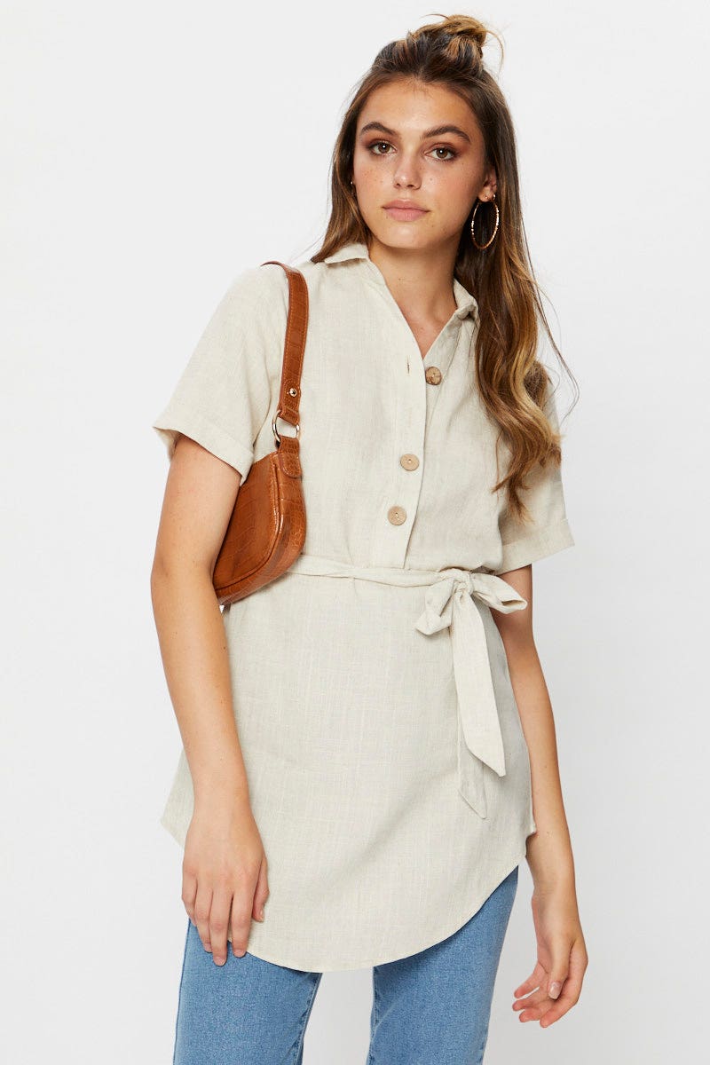 TOP Camel Linen Button Front Long Shirt for Women by Ally