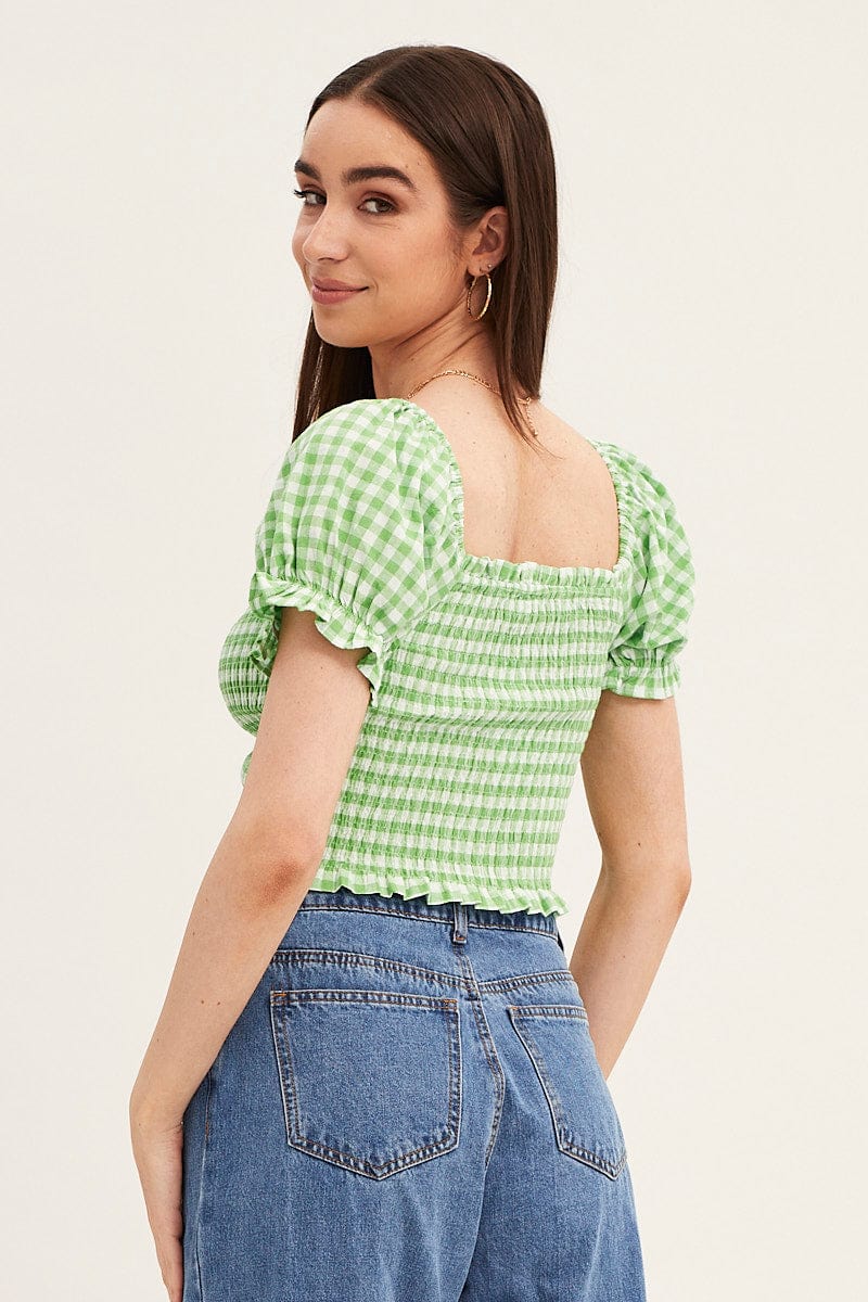TOP Check Crop Top Short Sleeve Ruched Front for Women by Ally
