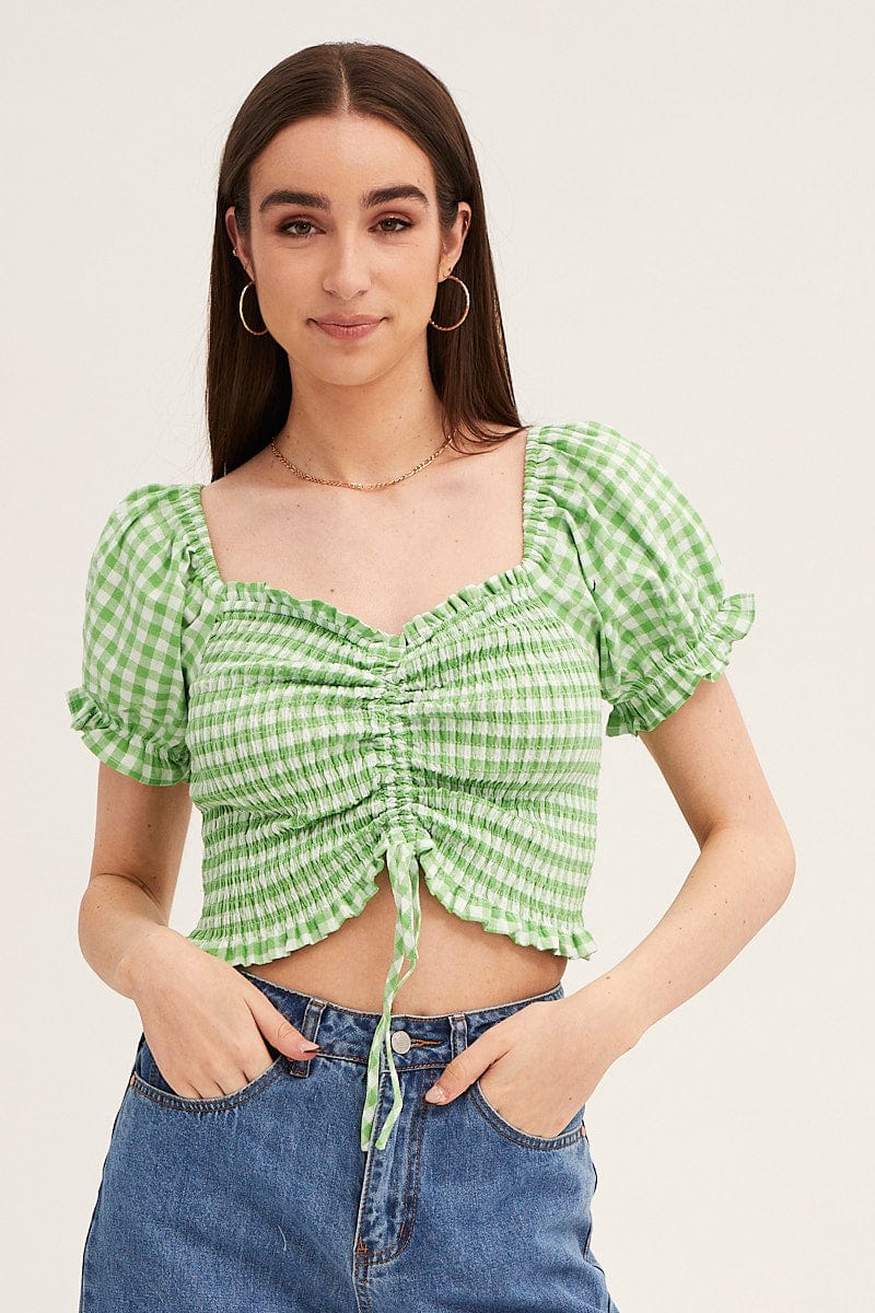 TOP Check Crop Top Short Sleeve Ruched Front for Women by Ally