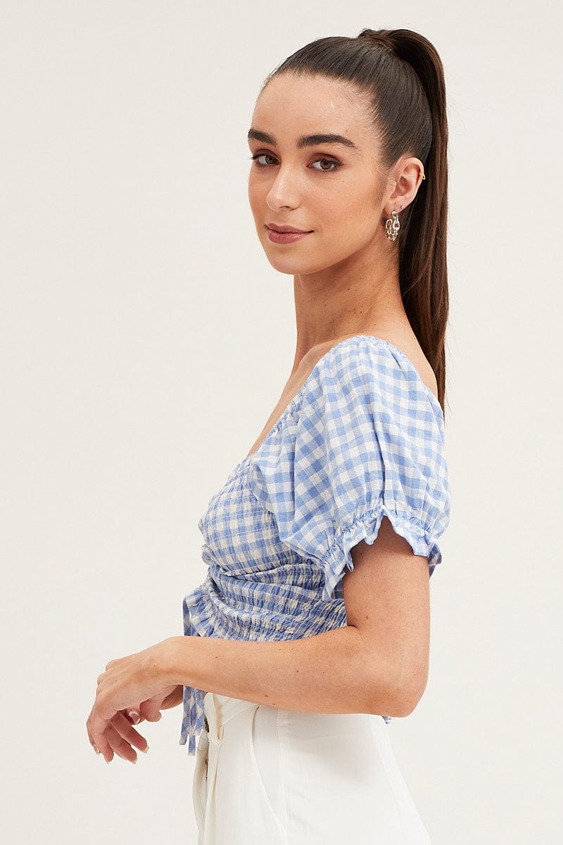TOP Check Crop Top Short Sleeve Sweetheart Ruched Front for Women by Ally
