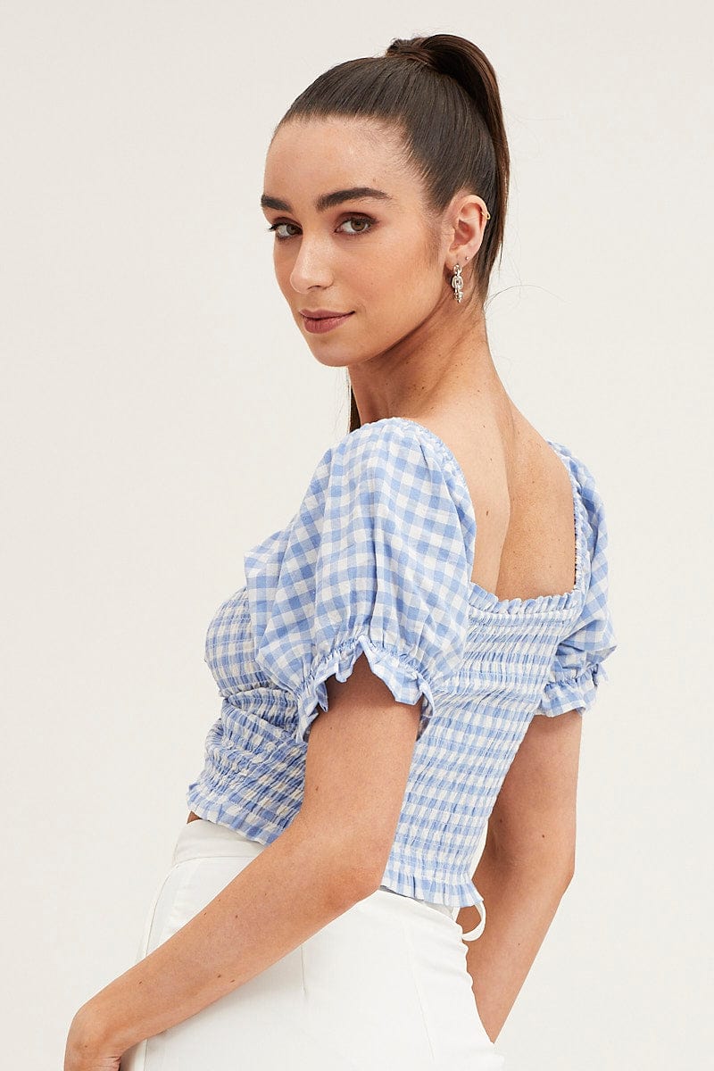TOP Check Crop Top Short Sleeve Sweetheart Ruched Front for Women by Ally