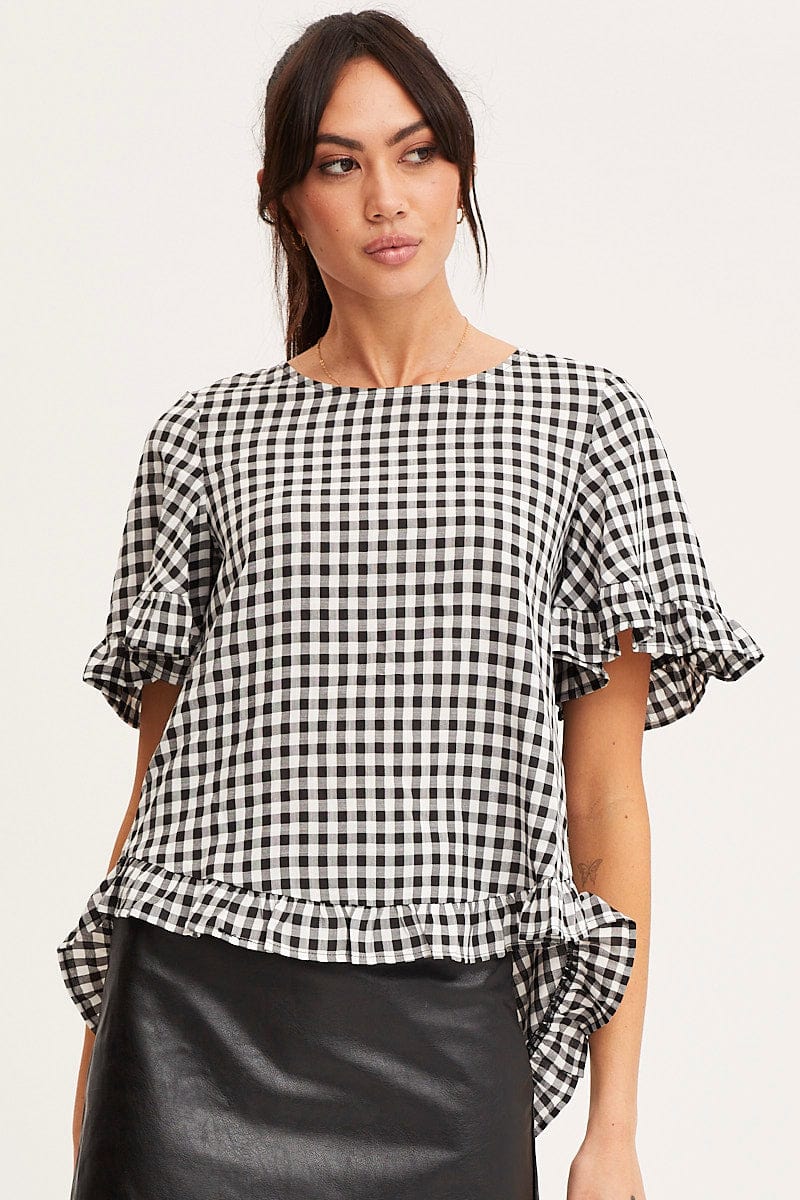 TOP Check Frill Top Short Sleeve for Women by Ally