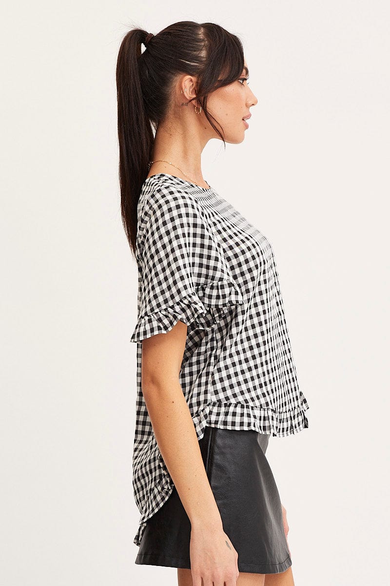 TOP Check Frill Top Short Sleeve for Women by Ally