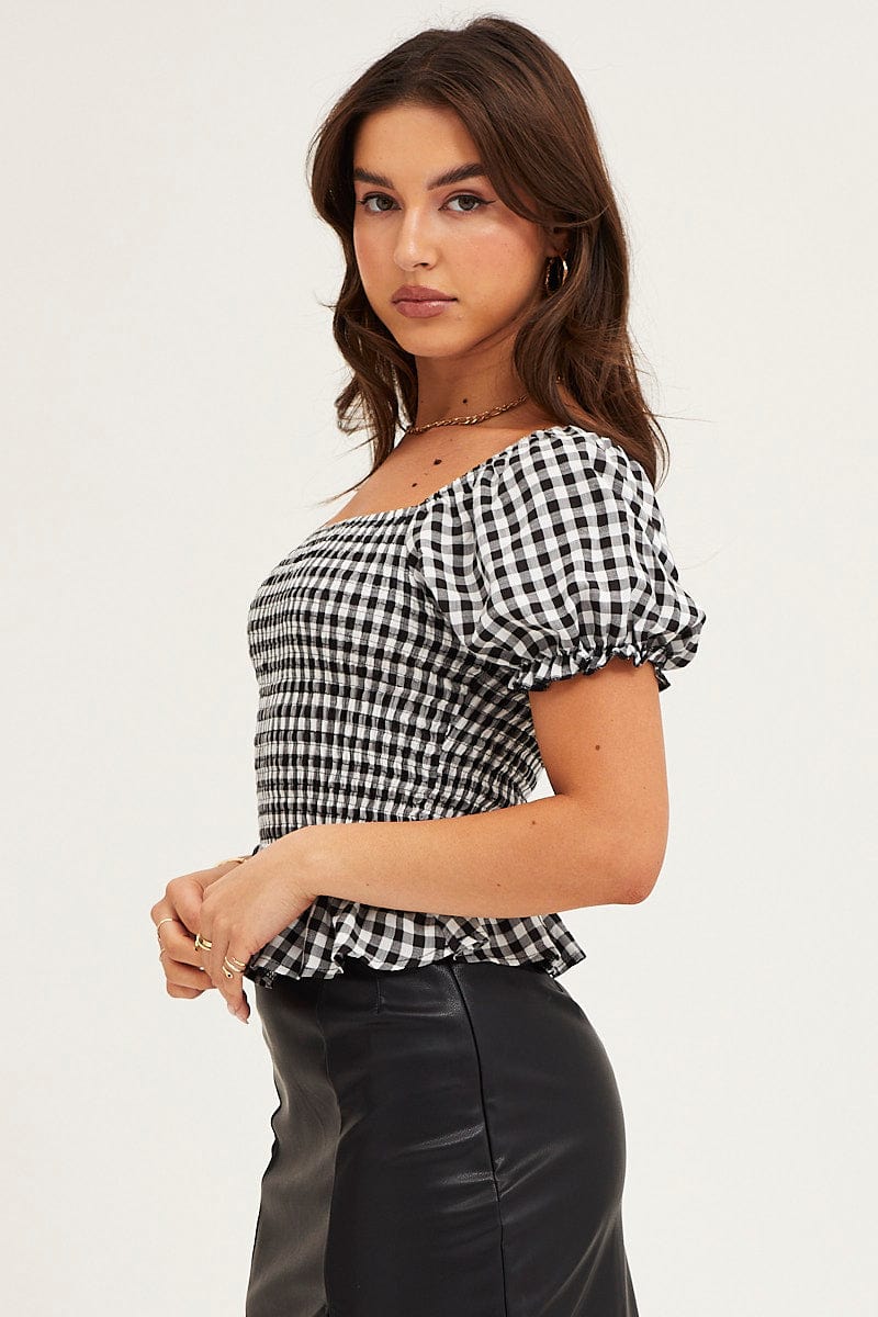 TOP Check Gingham Puff Sleeve Shirred Top for Women by Ally