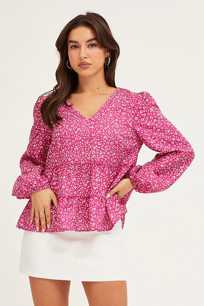 TOP Ditsy Print Ruffle Top Long Sleeve for Women by Ally