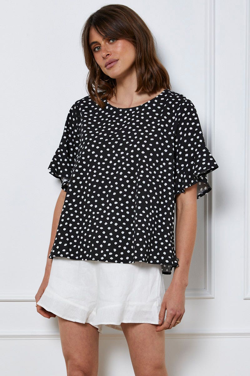 TOP Geo Print Top Short Sleeve Linen for Women by Ally
