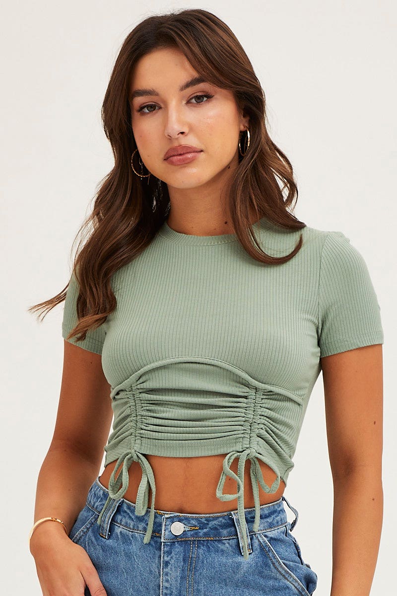 Women’s Green Bust Detail Top Short Sleeve Ruche | Ally Fashion