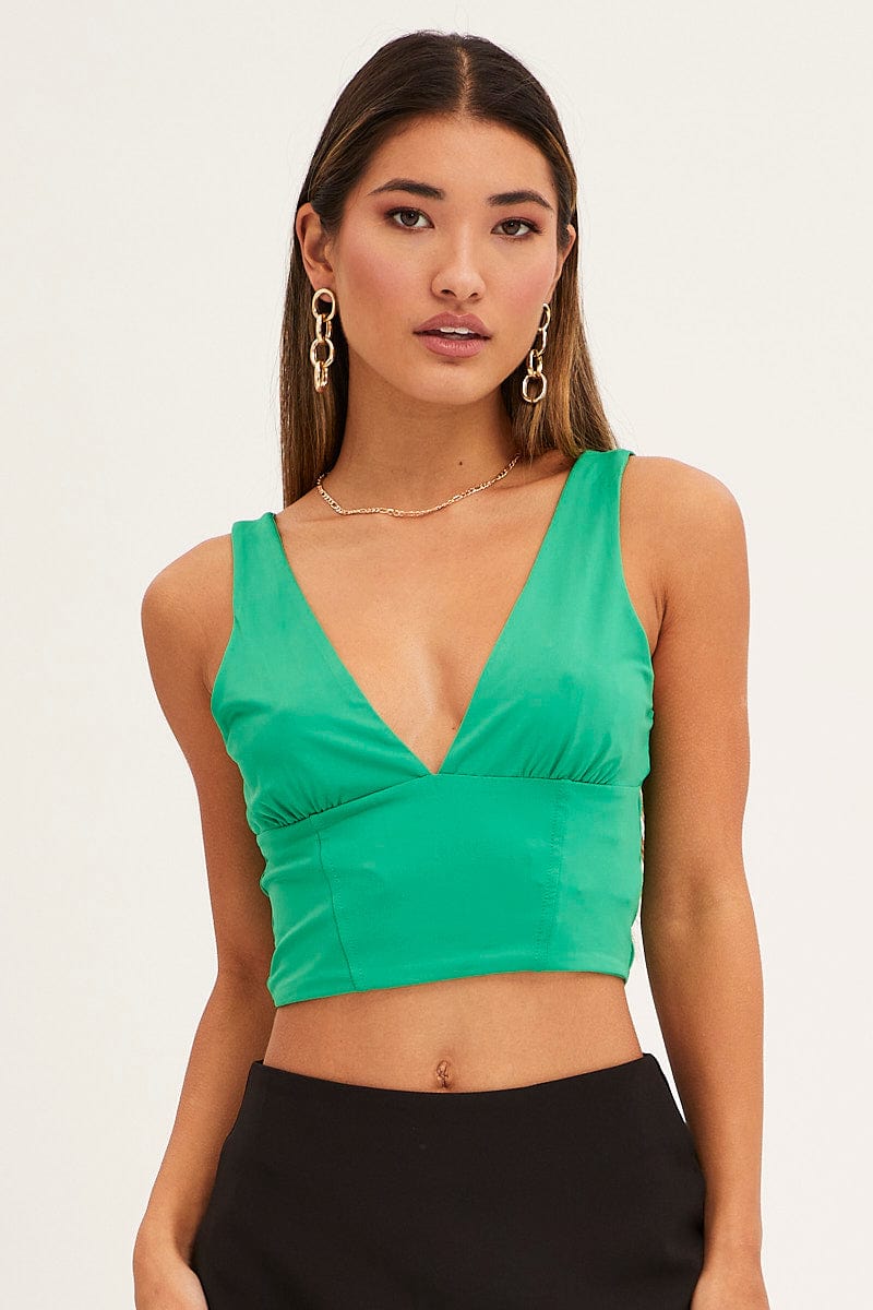 TOP Green Corset Detail Top Sleeveless Crop Slinky Jersey for Women by Ally