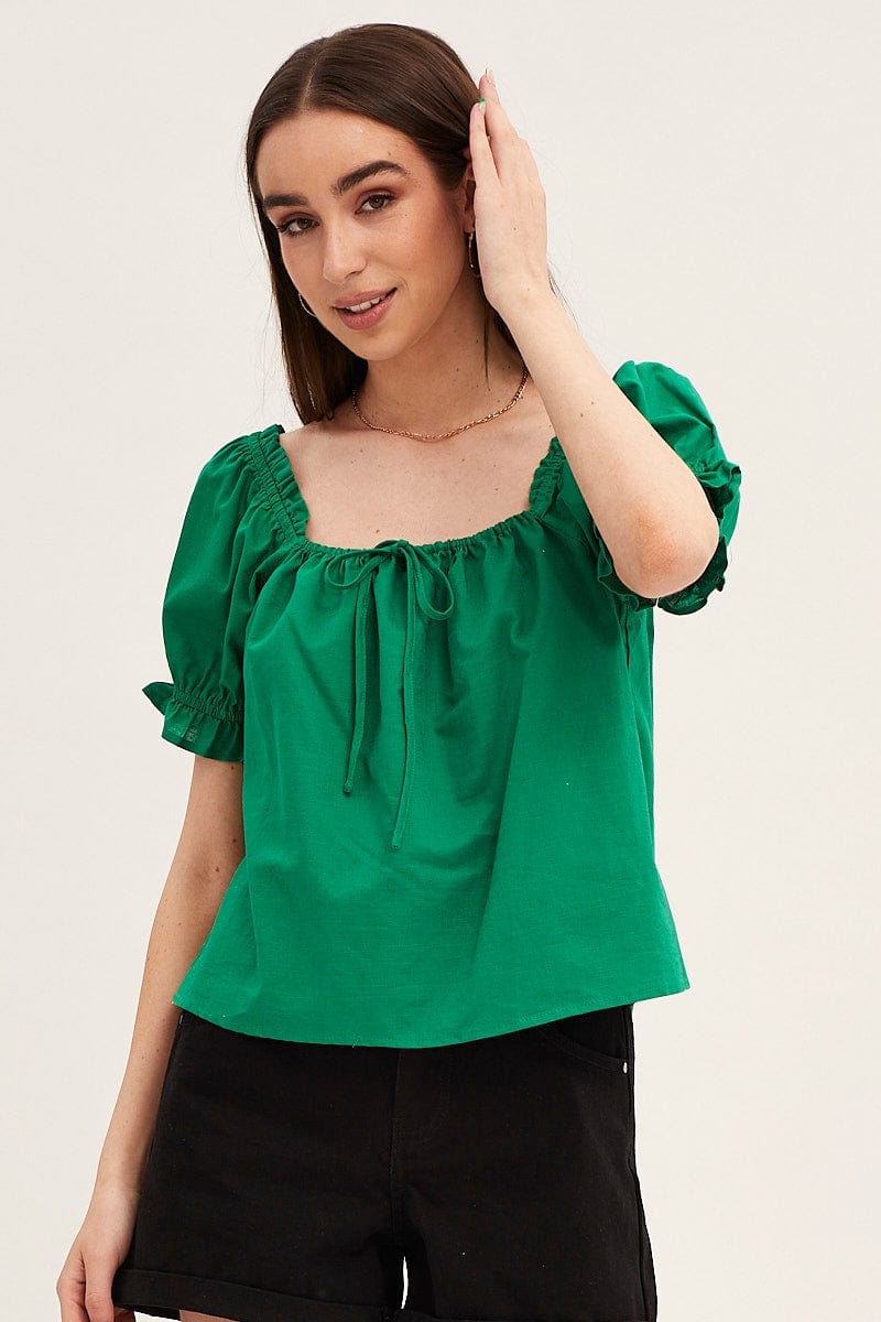 TOP Green Cotton Linen Puff Short Sleeve Longline Top for Women by Ally