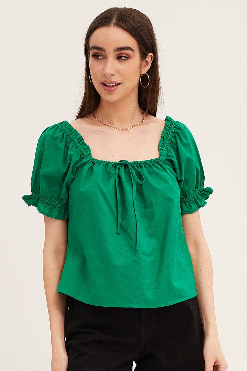 TOP Green Cotton Linen Puff Short Sleeve Longline Top for Women by Ally