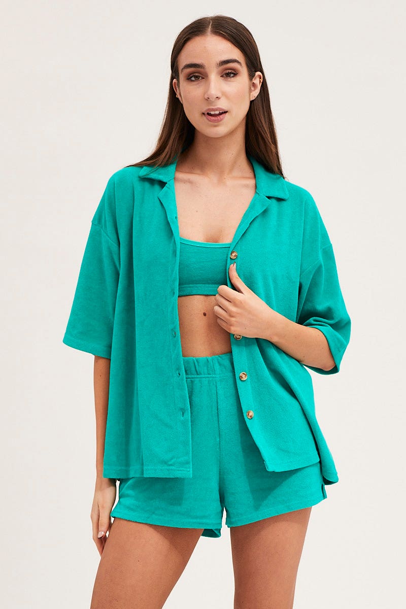 TOP Green Lounge Top Short Sleeve Oversized Terry for Women by Ally