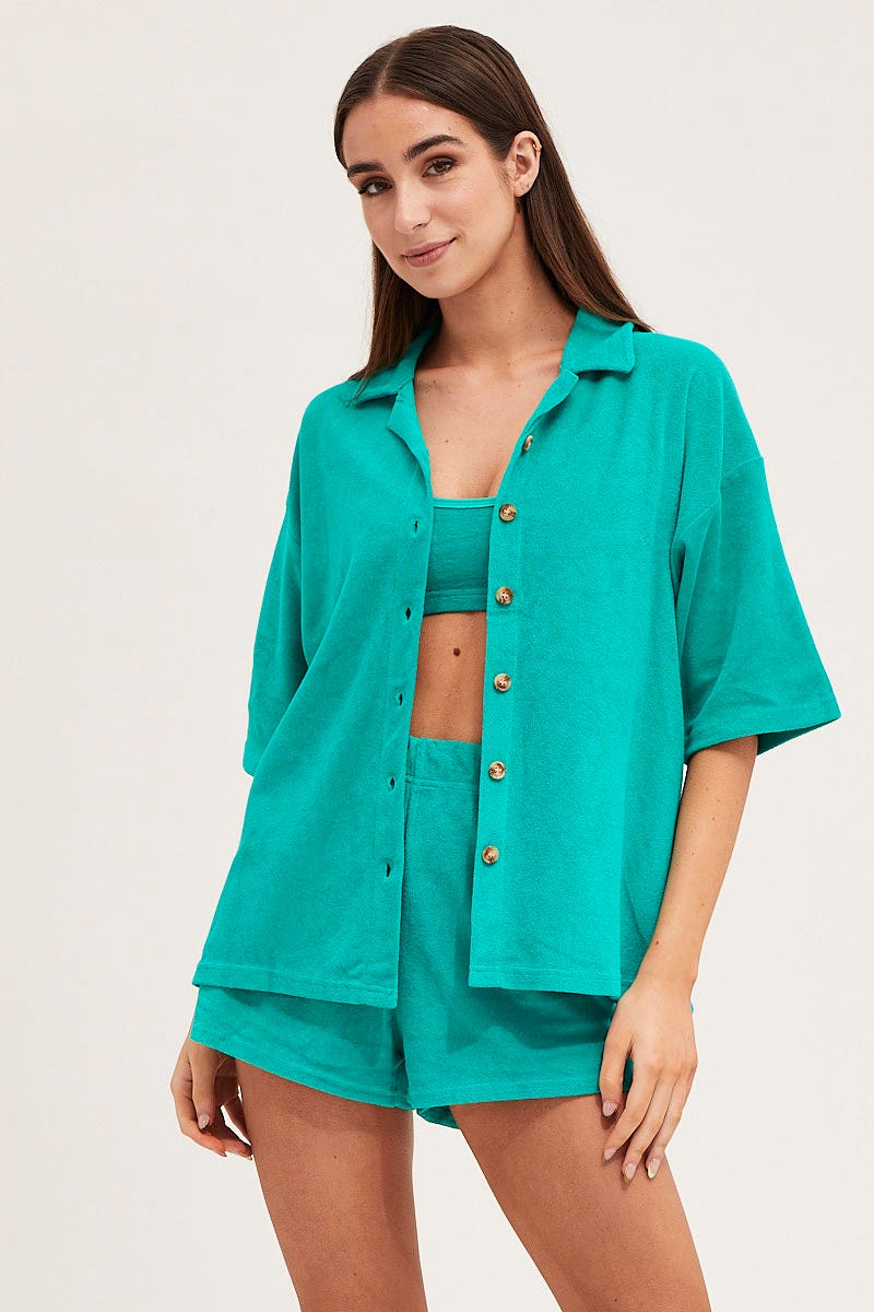 TOP Green Lounge Top Short Sleeve Oversized Terry for Women by Ally