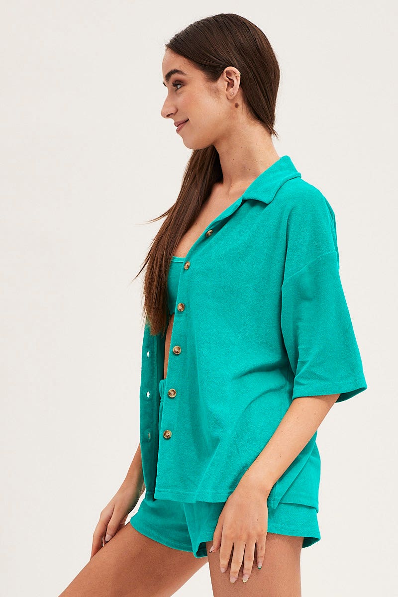 TOP Green Lounge Top Short Sleeve Oversized Terry for Women by Ally