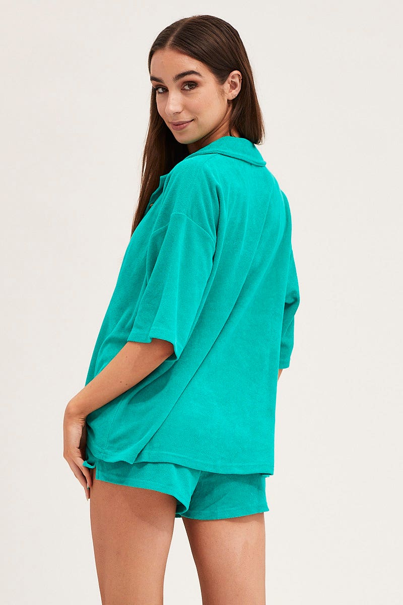 TOP Green Lounge Top Short Sleeve Oversized Terry for Women by Ally