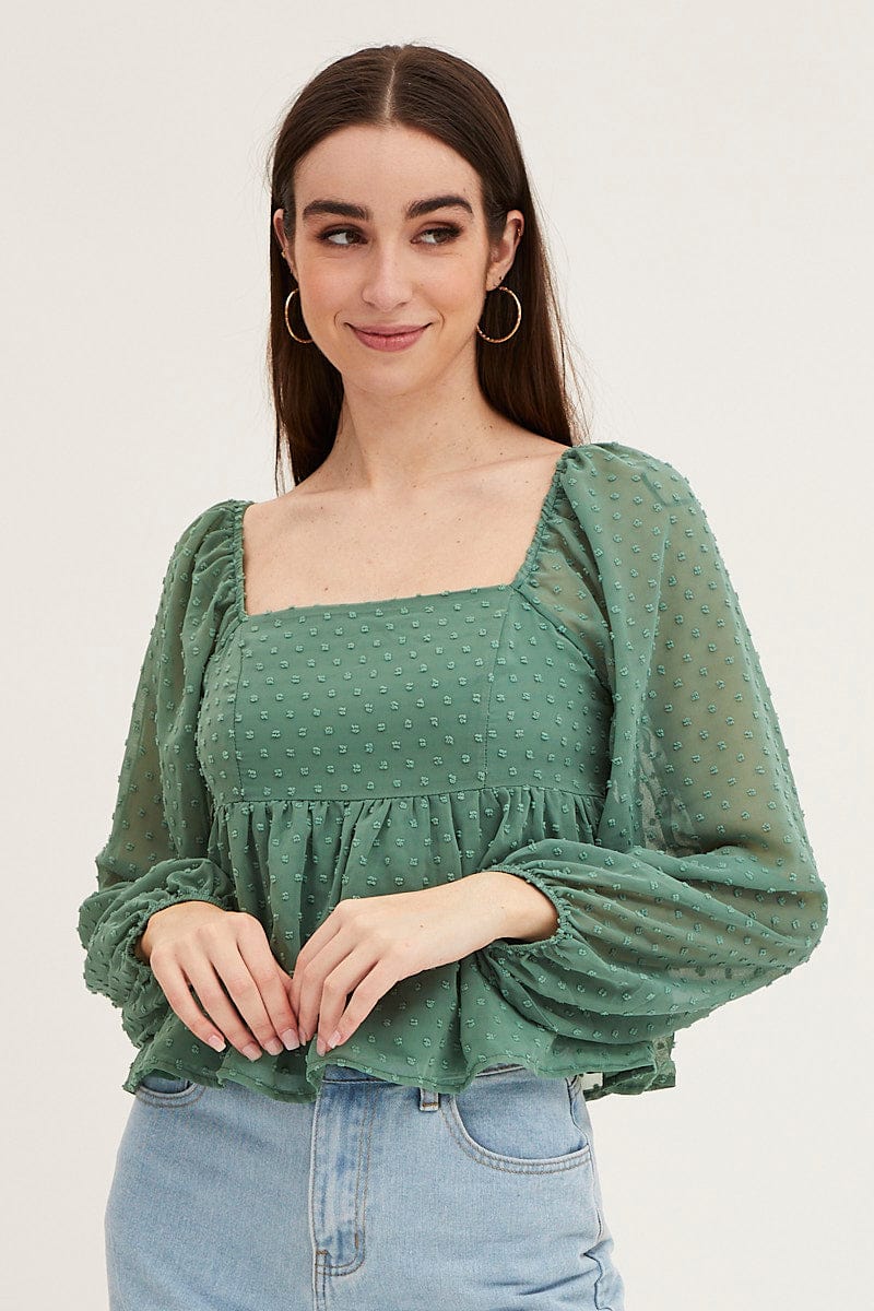 TOP Green Puff Sleeve Peplum Top for Women by Ally