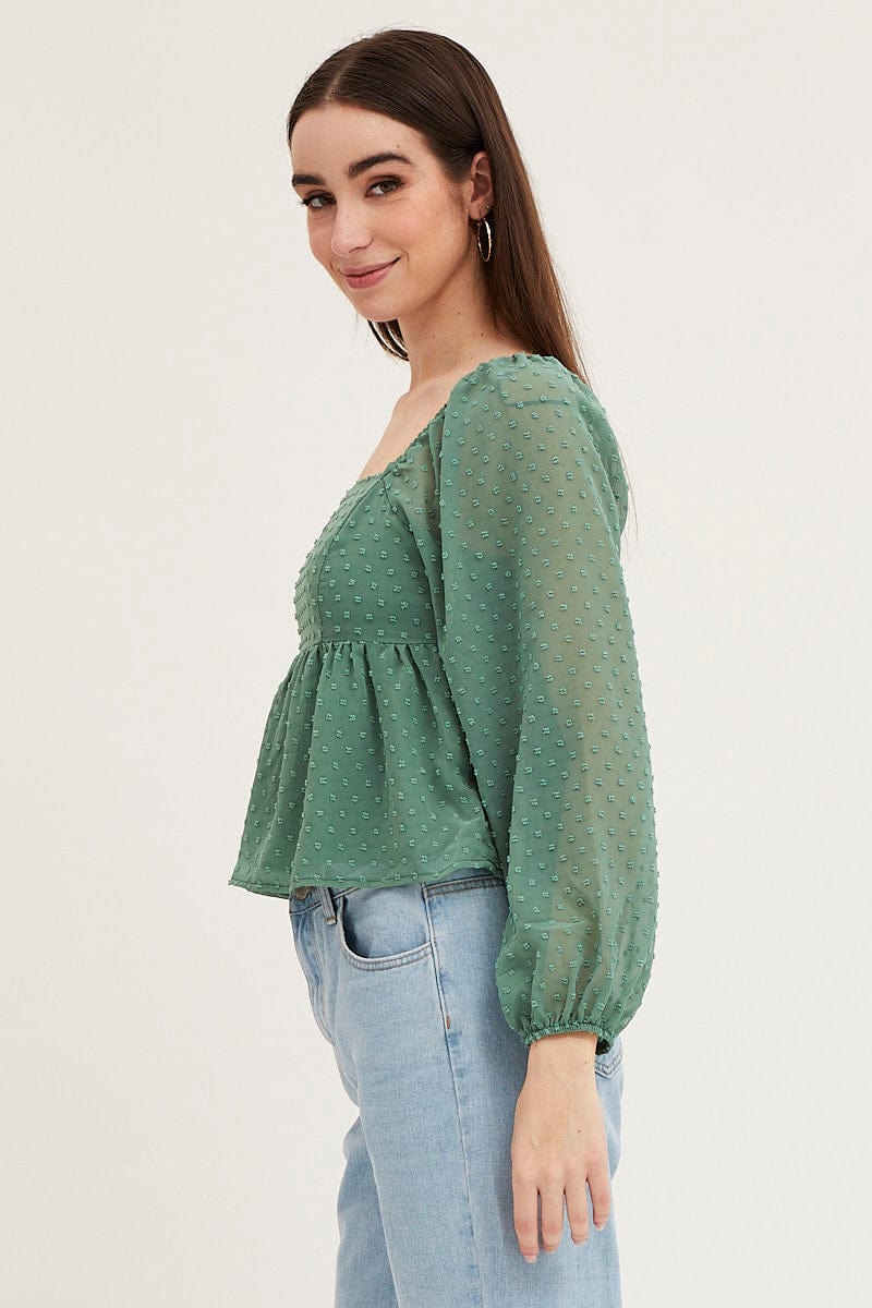 TOP Green Puff Sleeve Peplum Top for Women by Ally