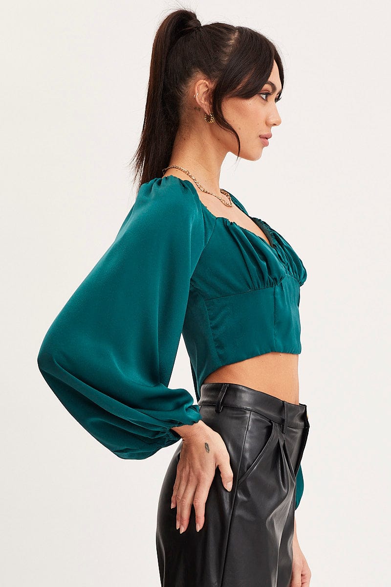 TOP Green Puff Sleeve Top Long Sleeve Crop Satin for Women by Ally