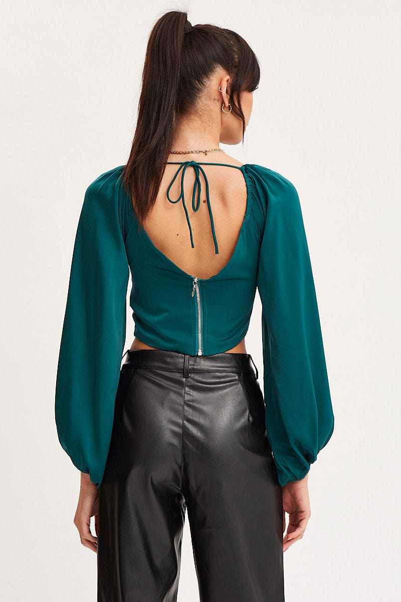 TOP Green Puff Sleeve Top Long Sleeve Crop Satin for Women by Ally