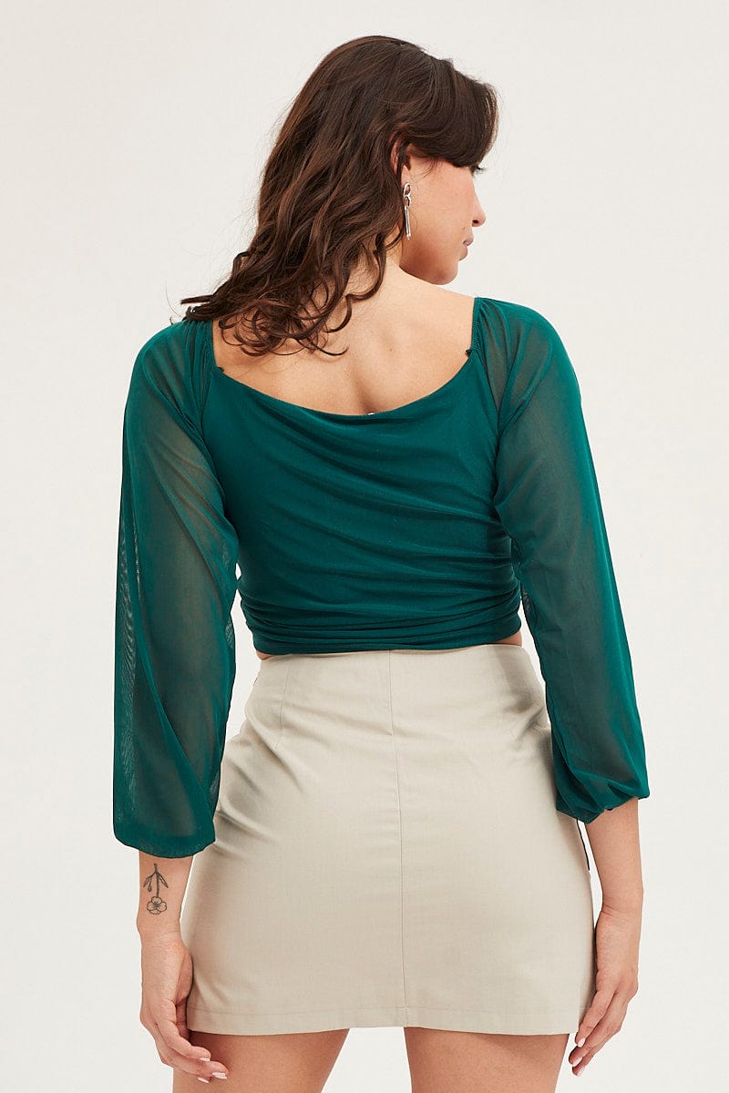 TOP Green Ruched Top Long Sleeve Mesh for Women by Ally