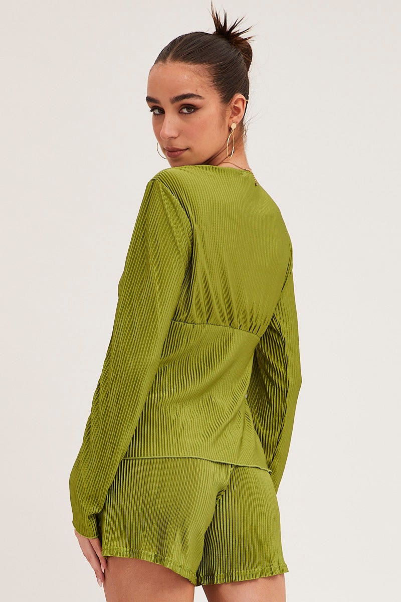 TOP Green Tie Front Long Sleeve Top for Women by Ally