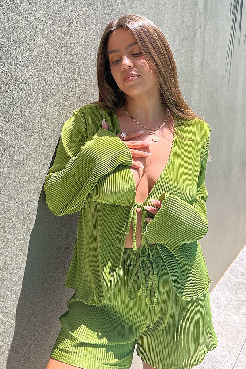 Green Tie Front Long Sleeve Top