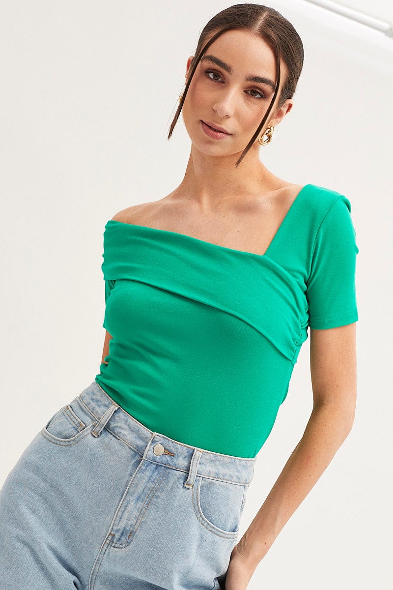 TOP Green Top Short Sleeve Asymmetric Neckline Cotton Jersey for Women by Ally