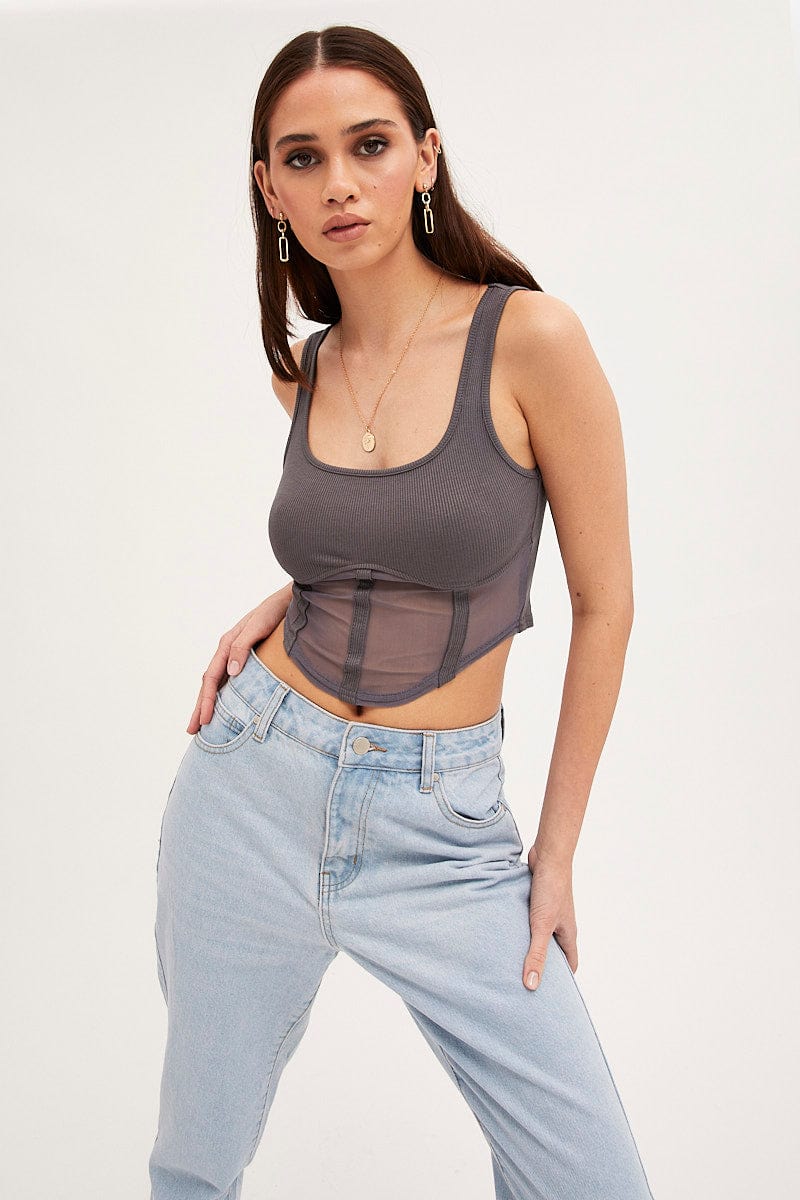 TOP Grey Mesh Patchwork Tank Top Corset Top for Women by Ally