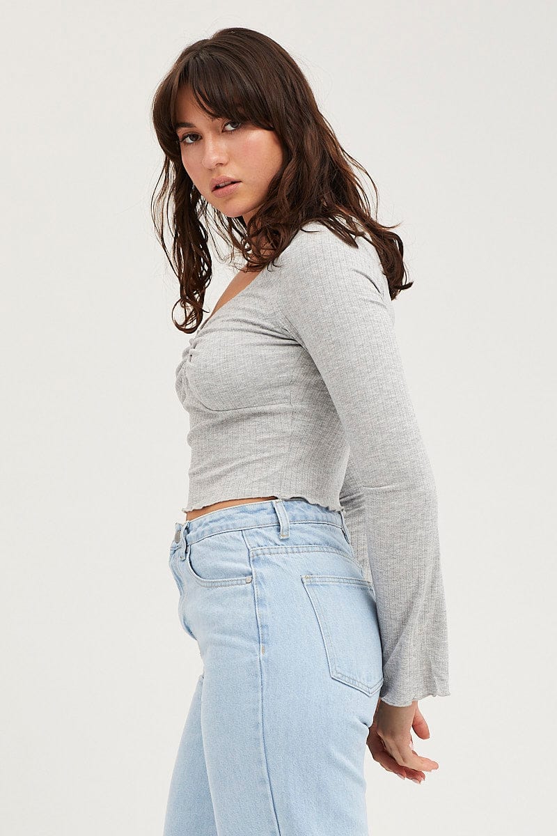 TOP Grey Ring Detail Top Long Sleeve for Women by Ally