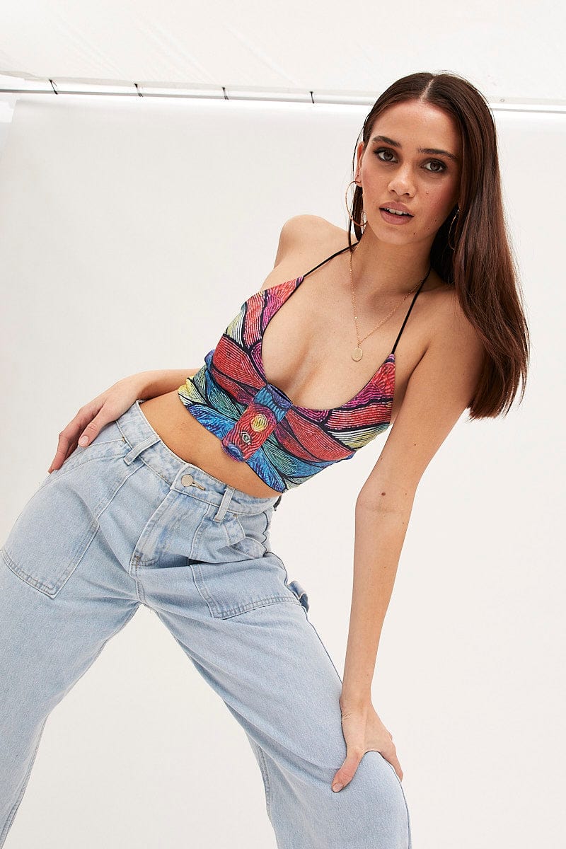 TOP Multi Print Crop Top Backless for Women by Ally
