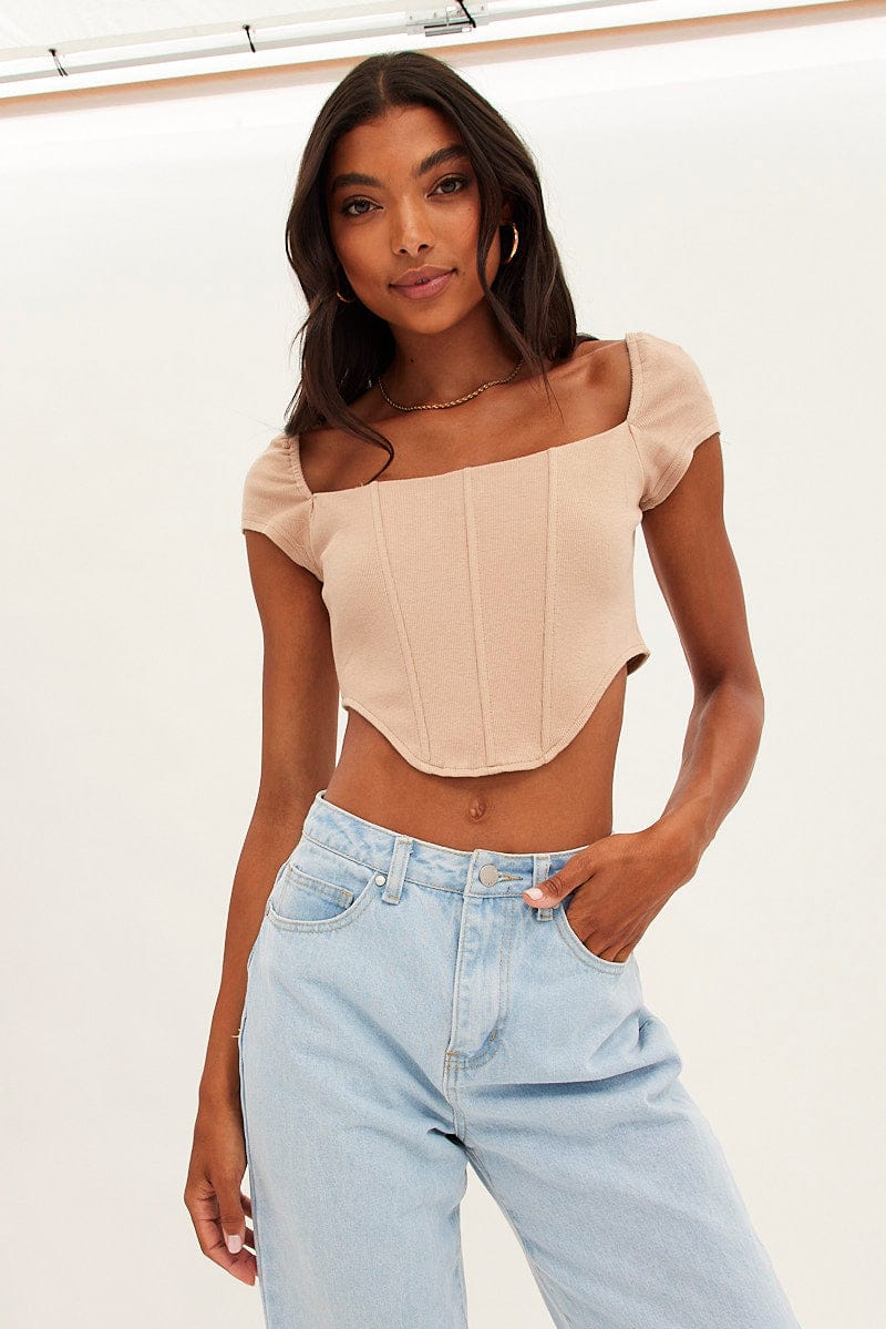 Nude Corset Crop Top Short Sleeve Square Neck-jc14024-47w-1