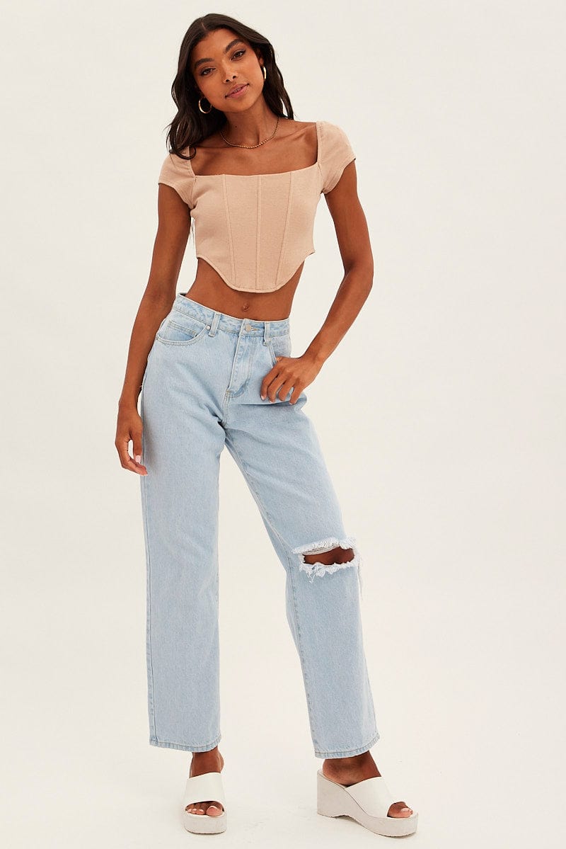 Nude Corset Crop Top Short Sleeve Square Neck-jc14024-47w-2