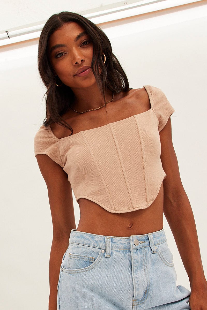 Nude Corset Crop Top Short Sleeve Square Neck-jc14024-47w-3