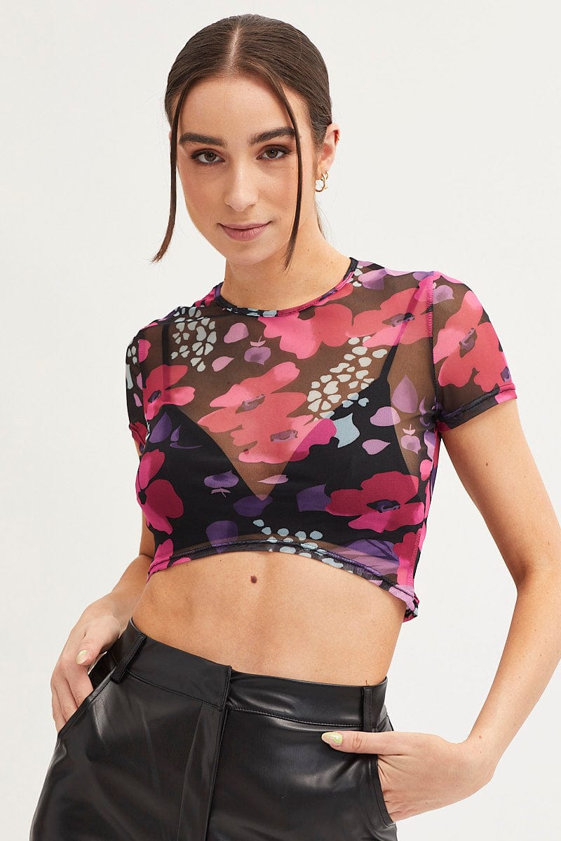 TOP Pink Abstract Floral Print Mesh Short Sleeve Top for Women by Ally