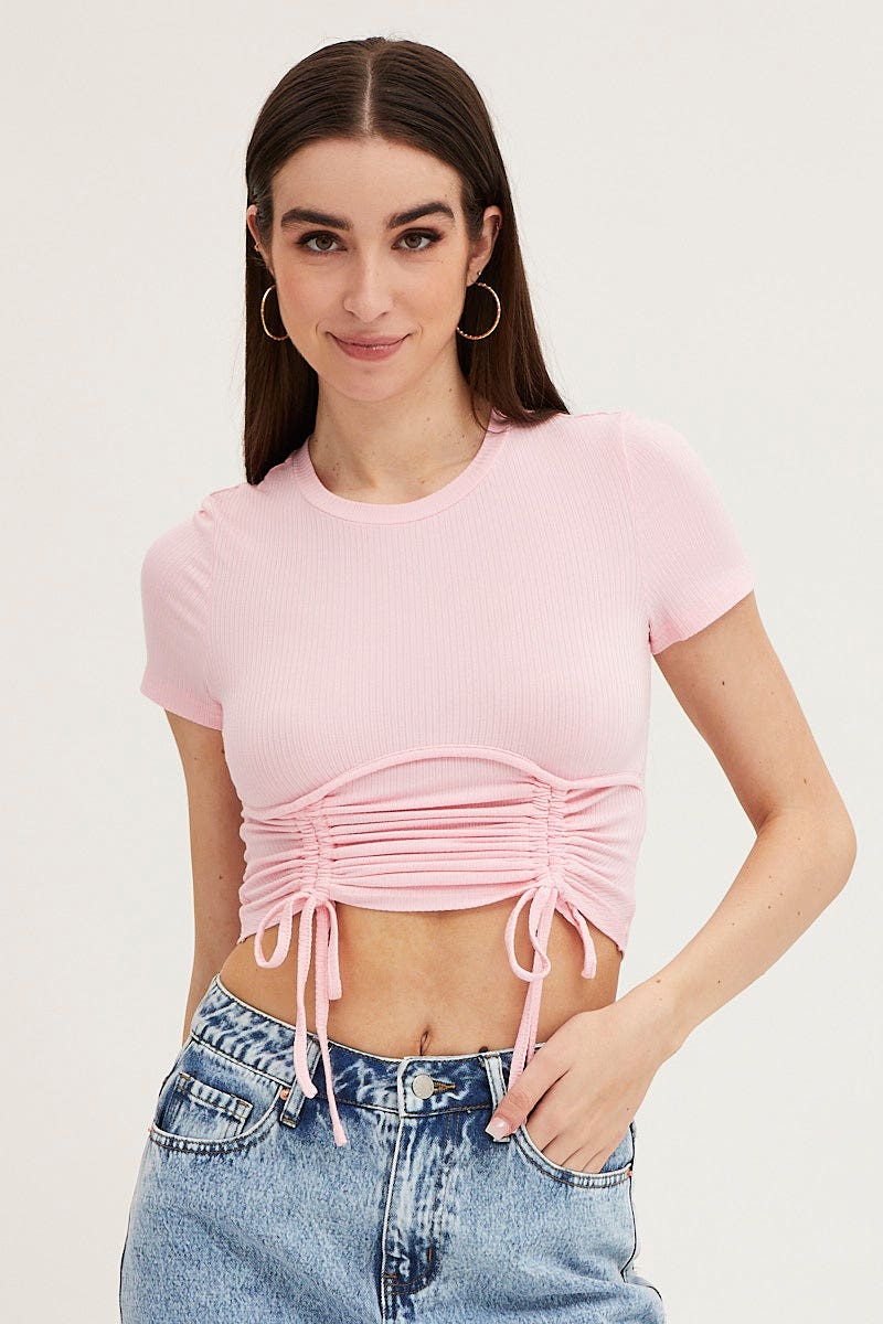 TOP Pink Bust Detail Top Short Sleeve Ruche for Women by Ally