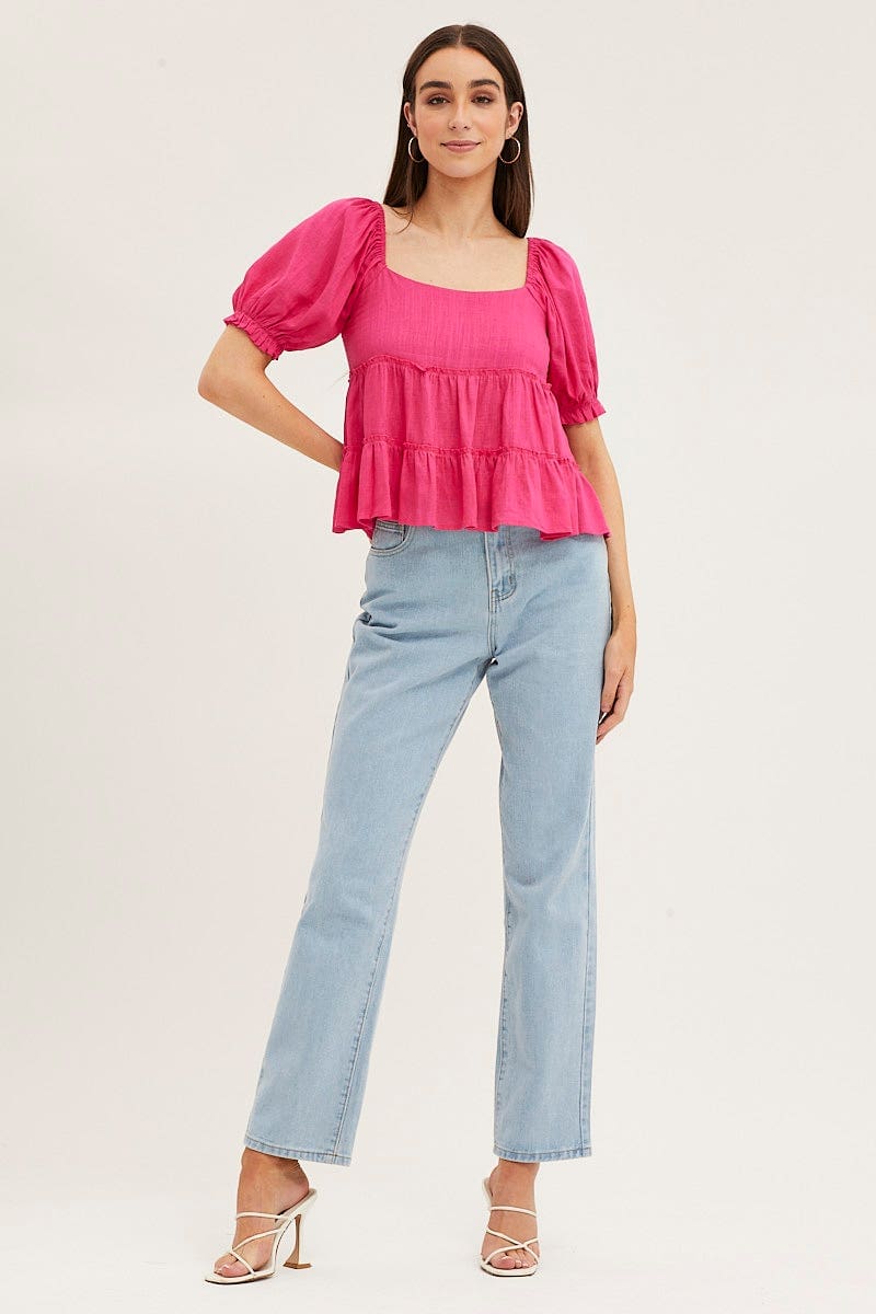 TOP Pink Peplum Top Short Sleeve for Women by Ally