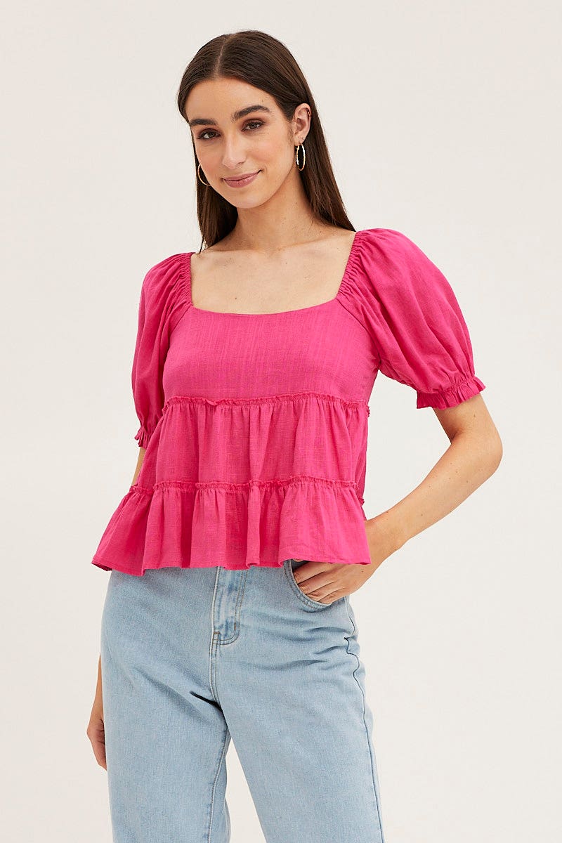 TOP Pink Peplum Top Short Sleeve for Women by Ally