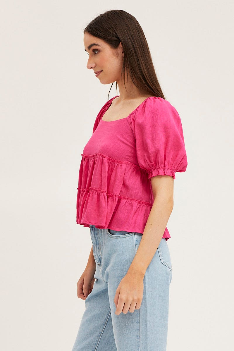 TOP Pink Peplum Top Short Sleeve for Women by Ally