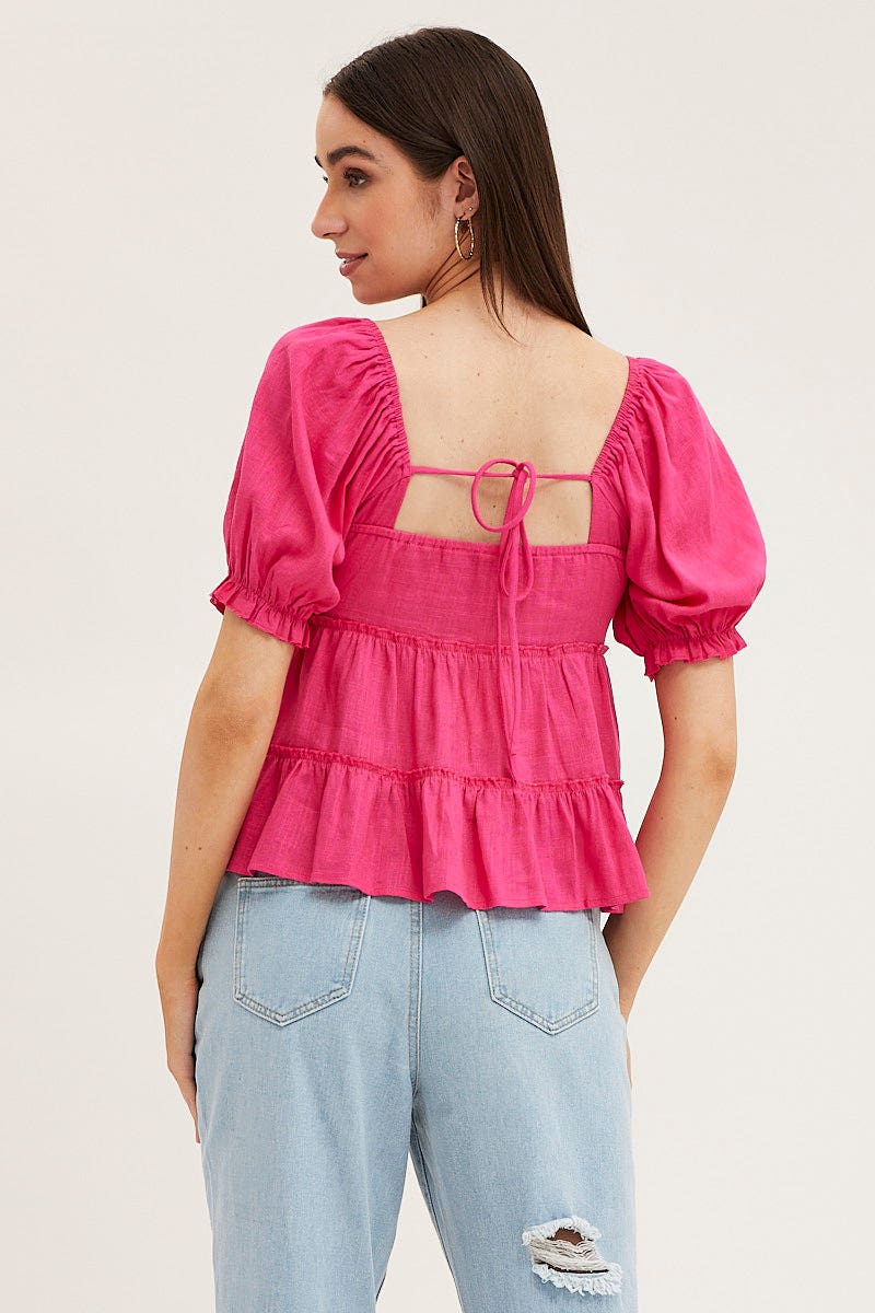 TOP Pink Peplum Top Short Sleeve for Women by Ally