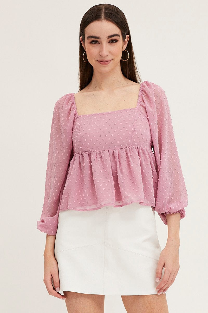 TOP Pink Puff Sleeve Peplum Top for Women by Ally