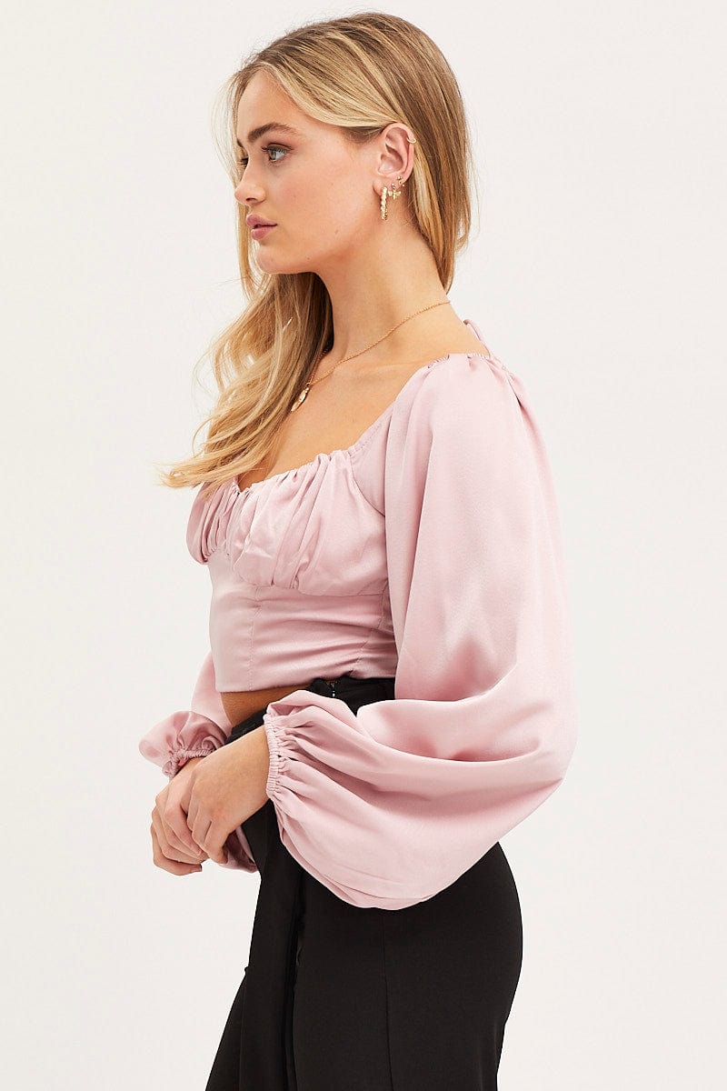 TOP Pink Puff Sleeve Top Long Sleeve Crop Satin for Women by Ally